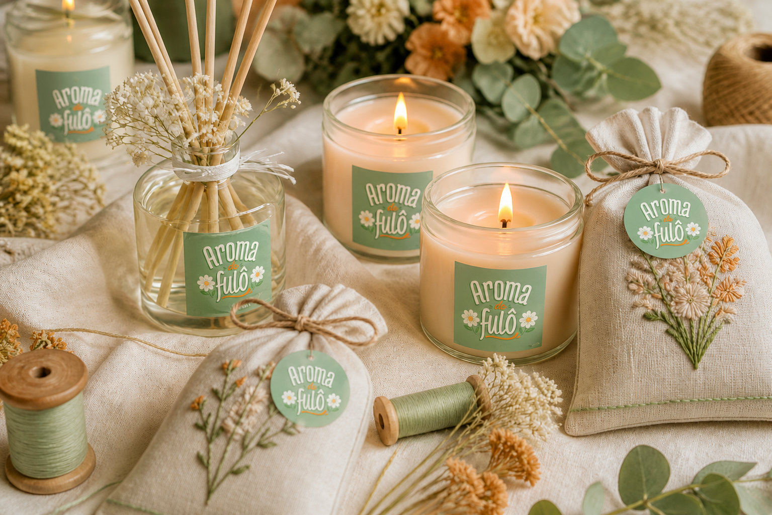 Composição com velas aromáticas, difusores e sachês bordados Aroma de Fulô
